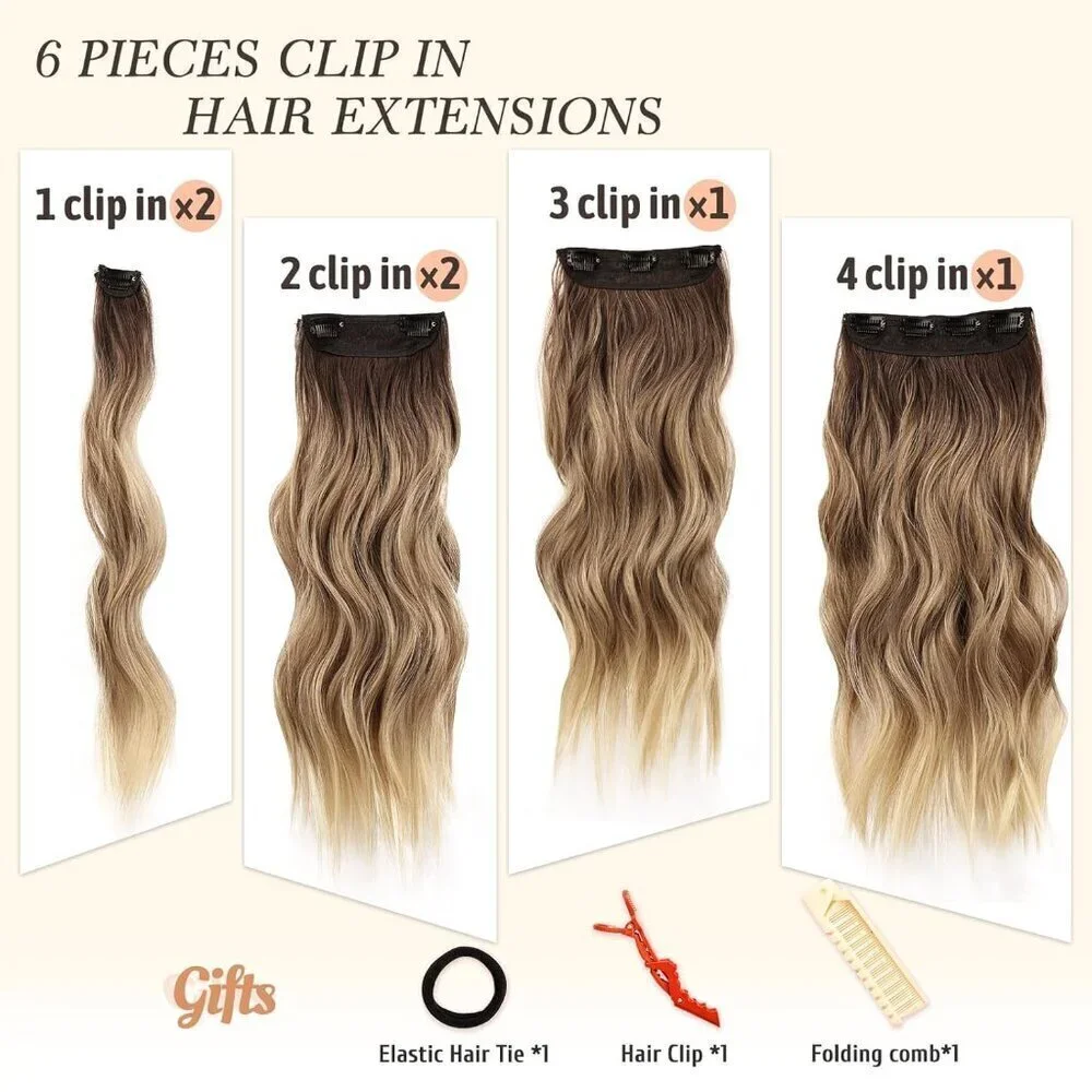 Clip in Hair Extensions for Women 20 Inch Long Wavy Curly Ombre Brown to Blonde